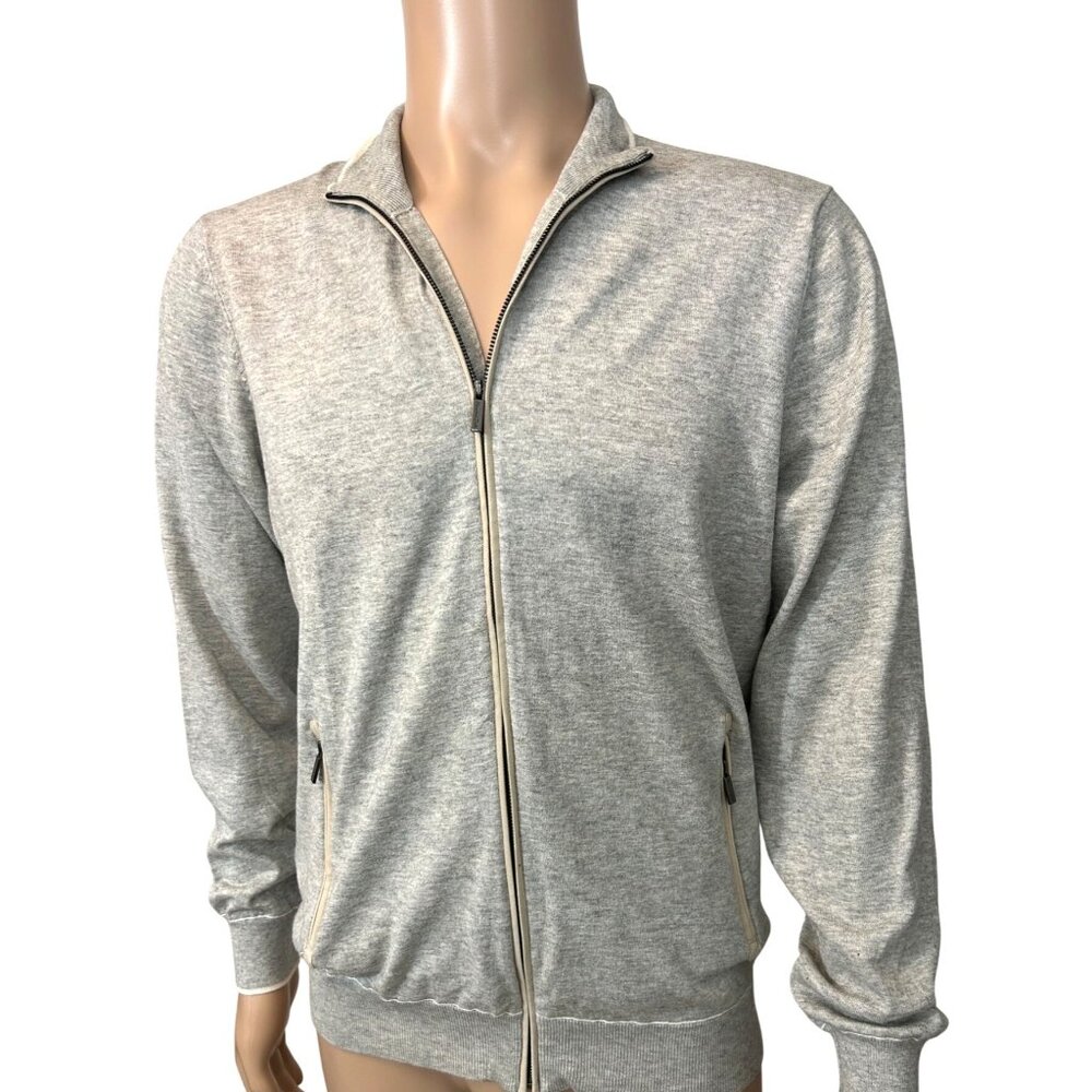 Massimo Dutti Men’s Cardigan Sweater L Grey Elbow Patches Zip Cotton Cashmere